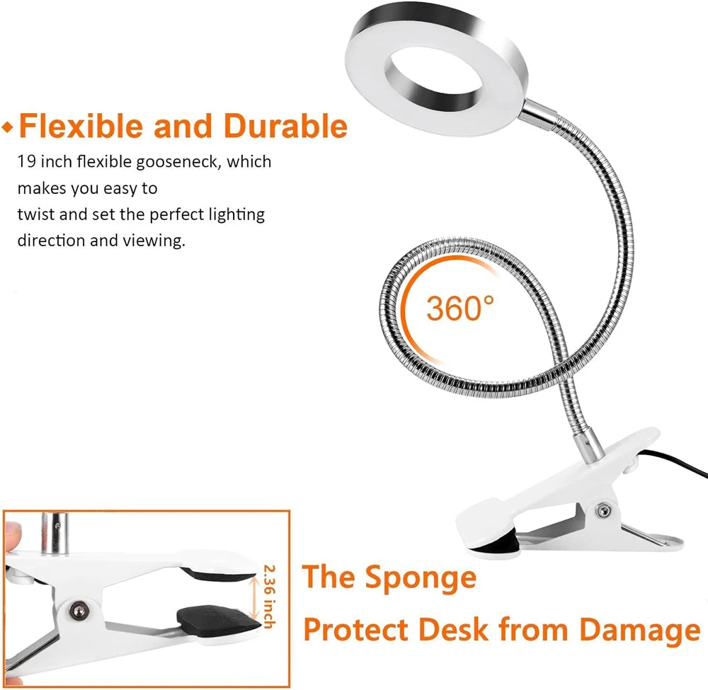 48 LEDs Desk Lamp Clip USB Book Light Bedside 360° Flexible Eye Protection Gooseneck Reading Light Brightness Adjustable 3 Level
